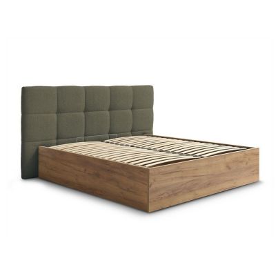Pat matrimonial verde tapițat/din placă aglomerată de lemn tapițat cu spațiu de depozitare cu somieră 180x200 cm Kumo – Bobochic Paris