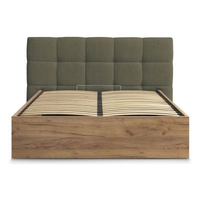 Pat matrimonial verde tapițat/din placă aglomerată de lemn tapițat cu spațiu de depozitare cu somieră 180x200 cm Kumo – Bobochic Paris