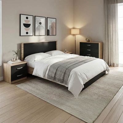 Set 4 buc. dormitor cadru pat si noptiere + comoda, Athos, Antracit-Stejar, 170x206.5x96 cm