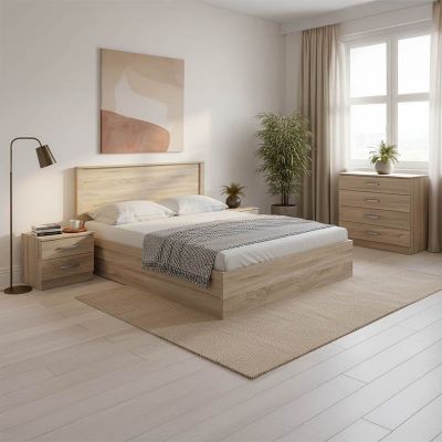 Set 4 buc. dormitor cadru pat si noptiere + comoda, Athos, Sonoma, 170x206.5x96 cm