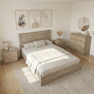 Set 4 buc. dormitor cadru pat si noptiere + comoda, Athos, Stejar, 150x206.5x96 cm
