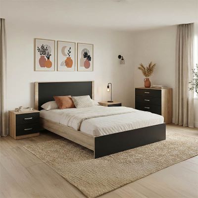 Set Dormitor Athos Sonoma Charcoal cu Pat, Lemn, Generoase, 140x200 cm
