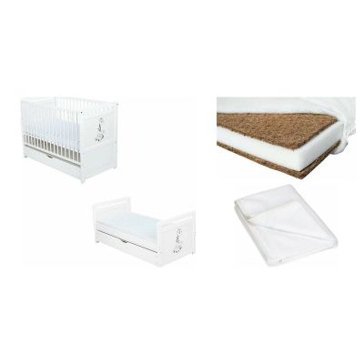 Set Patut din lemn bebe Babyneeds, Nadia II cu sertar, 120x60 cm, Alb + Saltea patut bebe, Cocos Confort II, Cu husa detasabila, 120x60x8 cm + Protectie impermeabila, Qmini, Pentru patuturi 120x60 cm, Alb
