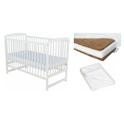 Set Patut din lemn bebe Babyneeds, Ola, 120x60 cm, Alb + Saltea patut bebe, Cocos Confort II, Cu husa detasabila, Antialergica, 120x60x8 cm + Protectie impermeabila, Pentru patuturi 120x60 cm, Alb