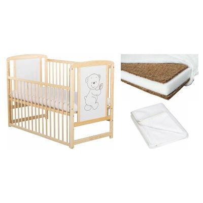 Set Patut din lemn bebe Babyneeds, Timmi cu laterala culisanta, 120x60 cm, Natur + Saltea patut bebe, Cocos Confort II, Cu fibre de cocos si strat de burete, 120x60x10 cm + Protectie impermeabila, Pentru patuturi 120x60 cm, Alb