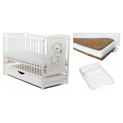 Set Patut din lemn bebe Babyneeds, Timmi cu sertar, 120x60 cm, Alb + Saltea patut bebe, Cocos Confort II, Cu husa detasabila, Antialergica, 120x60x8 cm + Protectie impermeabila, Qmini, Pentru patuturi 120x60 cm, Alb