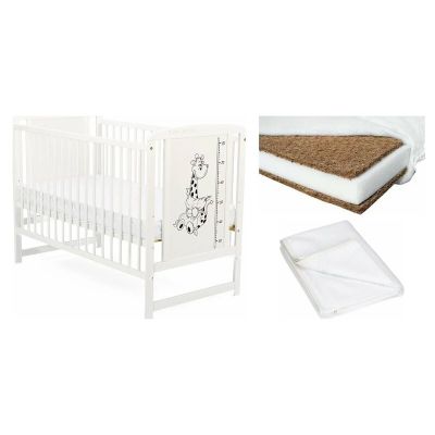 Set Patut din lemn bebe Babyneeds, Timmi Girafa, 120x60 cm, Alb + Saltea patut bebe, Cocos Confort II, Cu fibre de cocos si strat de burete, 120x60x8 cm + Protectie impermeabila, Pentru patuturi 120x60 cm, Alb