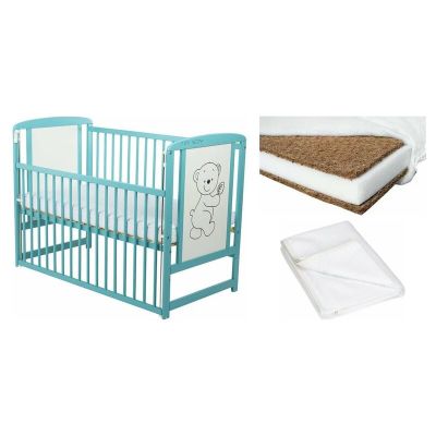 Set Patut din lemn bebe Babyneeds, Timmi Mint cu laterala culisanta, 120x60 cm + Saltea patut bebe, Cocos Confort II, Cu fibre de cocos si strat de burete, 120x60x10 cm + Protectie impermeabila, Pentru patuturi 120x60 cm, Alb