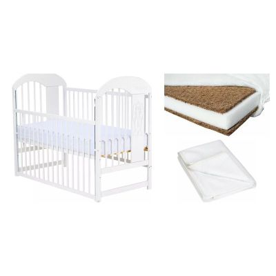 Set Patut din lemn bebe, Julia II cu laterala culisanta, 120x60 cm, Alb + Saltea patut bebe, Cocos Confort II, Cu husa detasabila, Antialergica, 120x60x8 cm + Protectie impermeabila, Pentru patuturi 120x60 cm, Alb