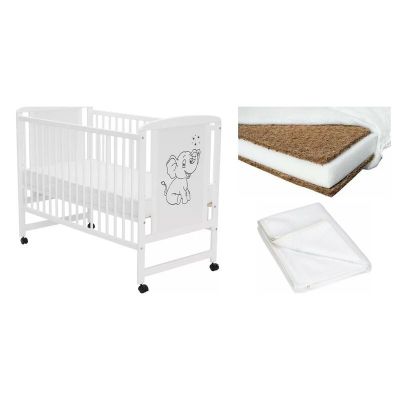 Set Patut din lemn bebe Qmini, Timmi Elephant, 120x60 cm, Alb + Saltea patut bebe, Babyneeds, Cocos Confort II, Cu husa detasabila, Antialergica, 120x60x8 cm + Protectie impermeabila, Qmini, Pentru patuturi 120x60 cm, Alb