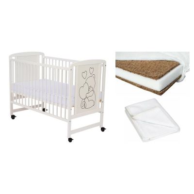Set Patut din lemn bebe Qmini, Timmi Heart, 120x60 cm, Alb + Saltea patut bebe, Cocos Confort II, Cu fibre de cocos si strat de burete, 120x60x8 cm + Protectie impermeabila, Pentru patuturi 120x60 cm, Alb