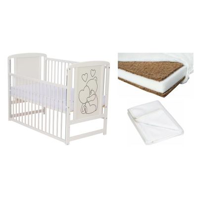 Set Patut din lemn bebe Qmini, Timmi Heart cu laterala culisanta, 120x60 cm, Alb + Saltea patut bebe, Cocos Confort II, Cu fibre de cocos si strat de burete, 120x60x10 cm + Protectie impermeabila, Pentru patuturi 120x60 cm, Alb