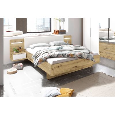 Pat din pal, capatai tapitat cu piele ecologica si 2 noptiere cu LED Faris Alb / Stejar, 200 x 180 cm Pat din pal, capatai tapitat cu piele ecologica si 2 noptiere cu LED Faris Alb / Stejar, 200 x 180 cm