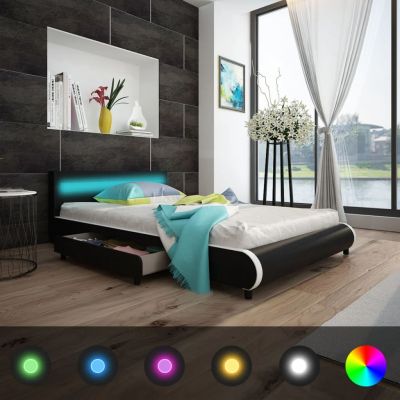 vidaXL Cadru pat cu sertare, LED, negru, 140x200 cm, piele artificială