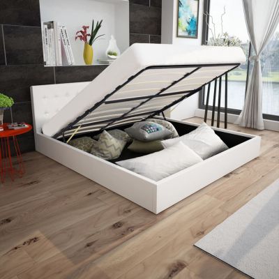 vidaXL Cadru pat hidraulic, depozitare, alb, 160 x 200 cm, piele eco